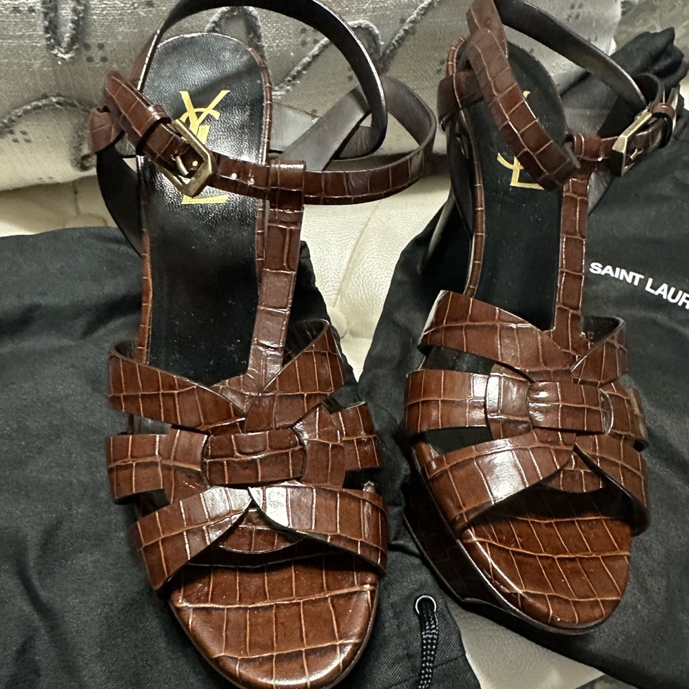Saint Laurent Brown Croc-Embossed Women's Sandals Limited edition
